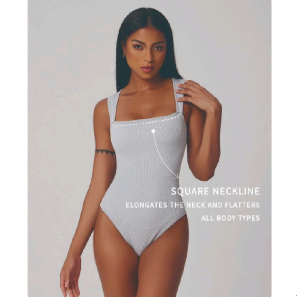 Black And Brown Duo Square Neckline Ribbed Bodysuit